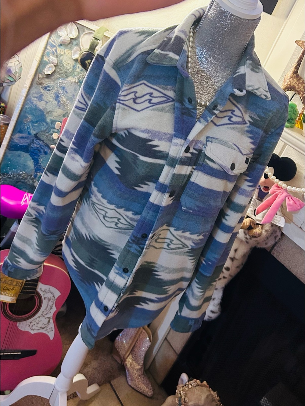 Billabong Blue and White Patterned Fleece Shacket